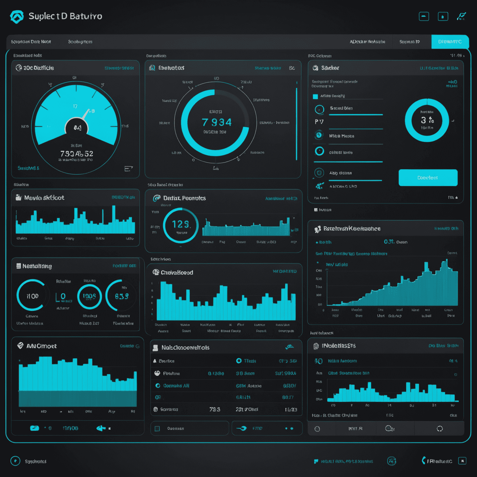 Capture d'écran d'un tableau de bord personnalisé intégrant les données d'Advanced IP Scanner avec d'autres métriques réseau. Le tableau de bord montre des graphiques de performance réseau, une liste des appareils récemment découverts, et des alertes de sécurité, le tout dans une interface futuriste aux couleurs bleu électrique et cyan.