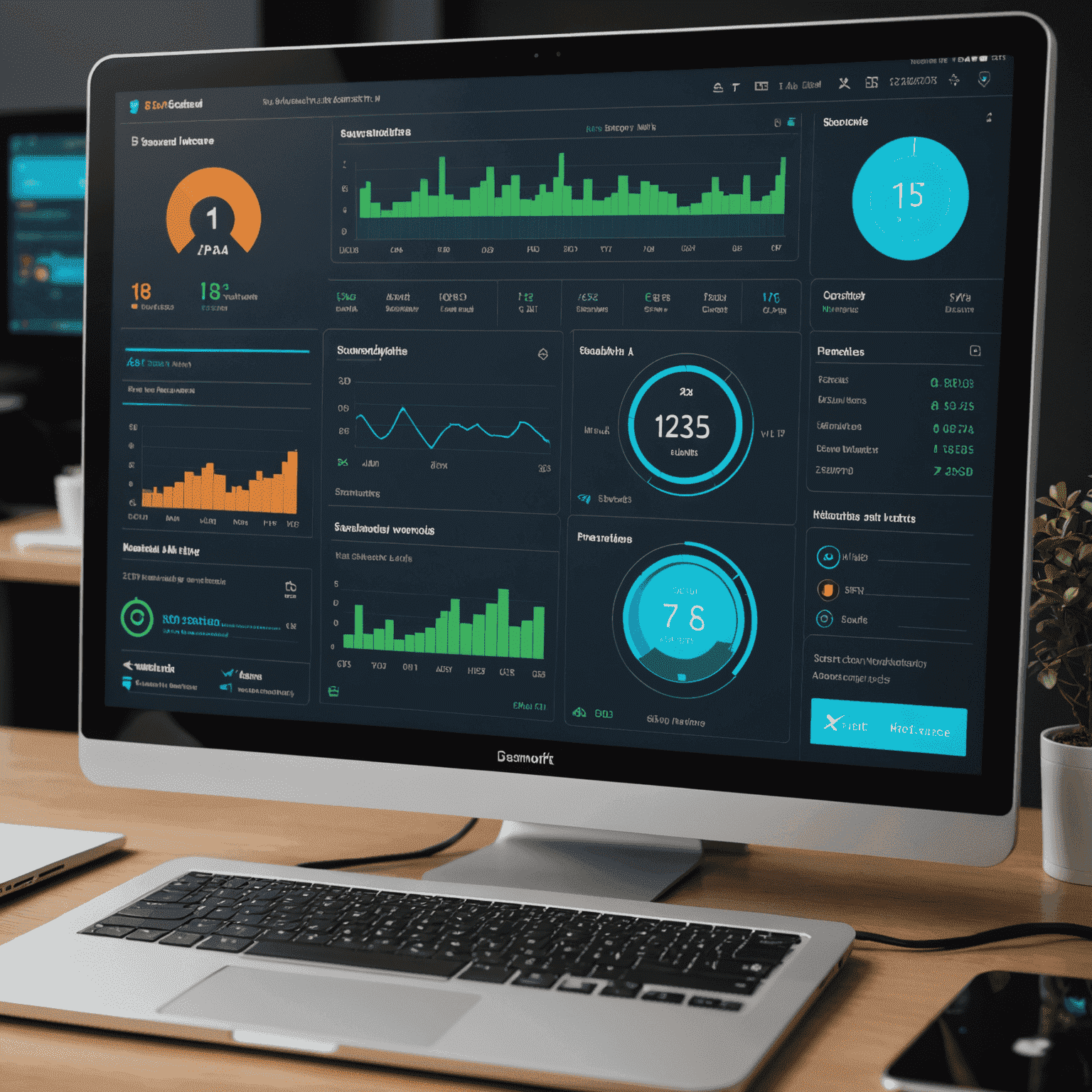 Interface de sécurité d'Advanced IP Scanner montrant un tableau de bord avec des graphiques et des alertes de sécurité, mettant en évidence les appareils non autorisés et les vulnérabilités potentielles